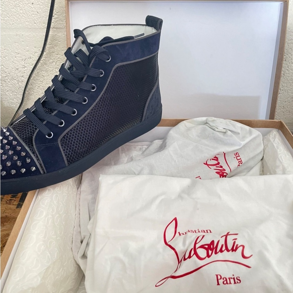Christian Louboutin Blue High-Top Sneakers with Studded Toe